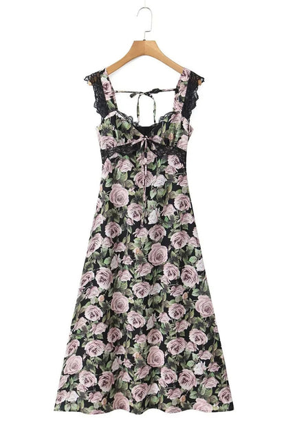 Floral Lace Straps Bow Long Summer Dress