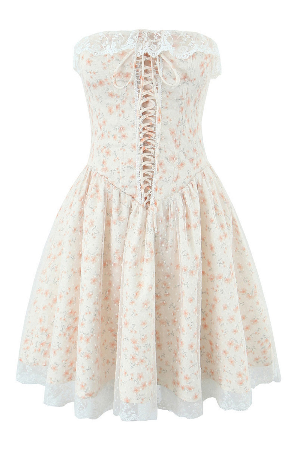 Floral Lace Neckline Lase-up Tull Skirt