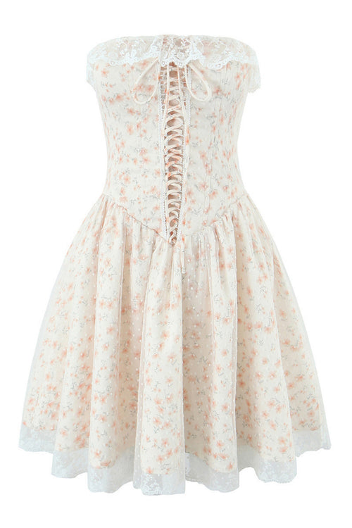 Floral Lace Neckline Lase-up Tull Skirt