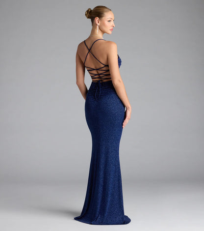 Diane Lace-Up Slit Mermaid Glitter Formal Dress