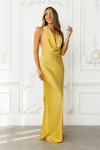 Nightfall Noir Halter Satin Maxi Dress