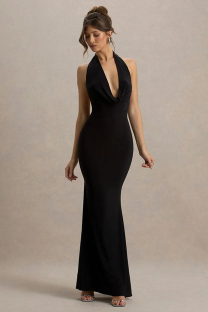 Milani | Black Backless Cowl Neck Fishtail Maxi Dress