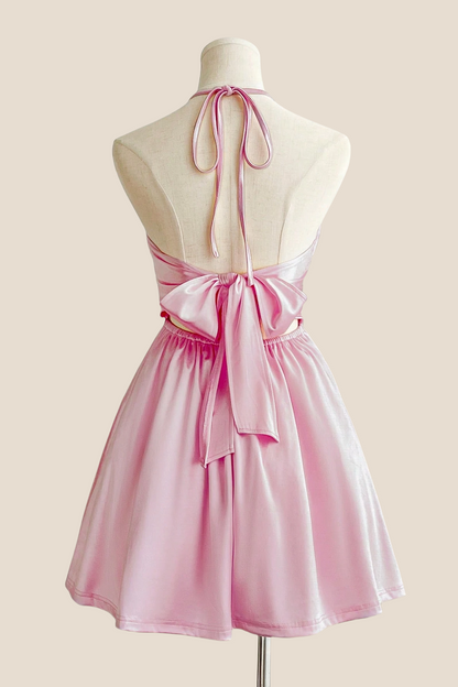 Halter Light Blue Back Tie A-line Short Dress