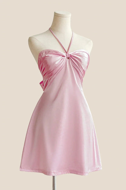 Halter Lavender Back Tie A-line Short Dress