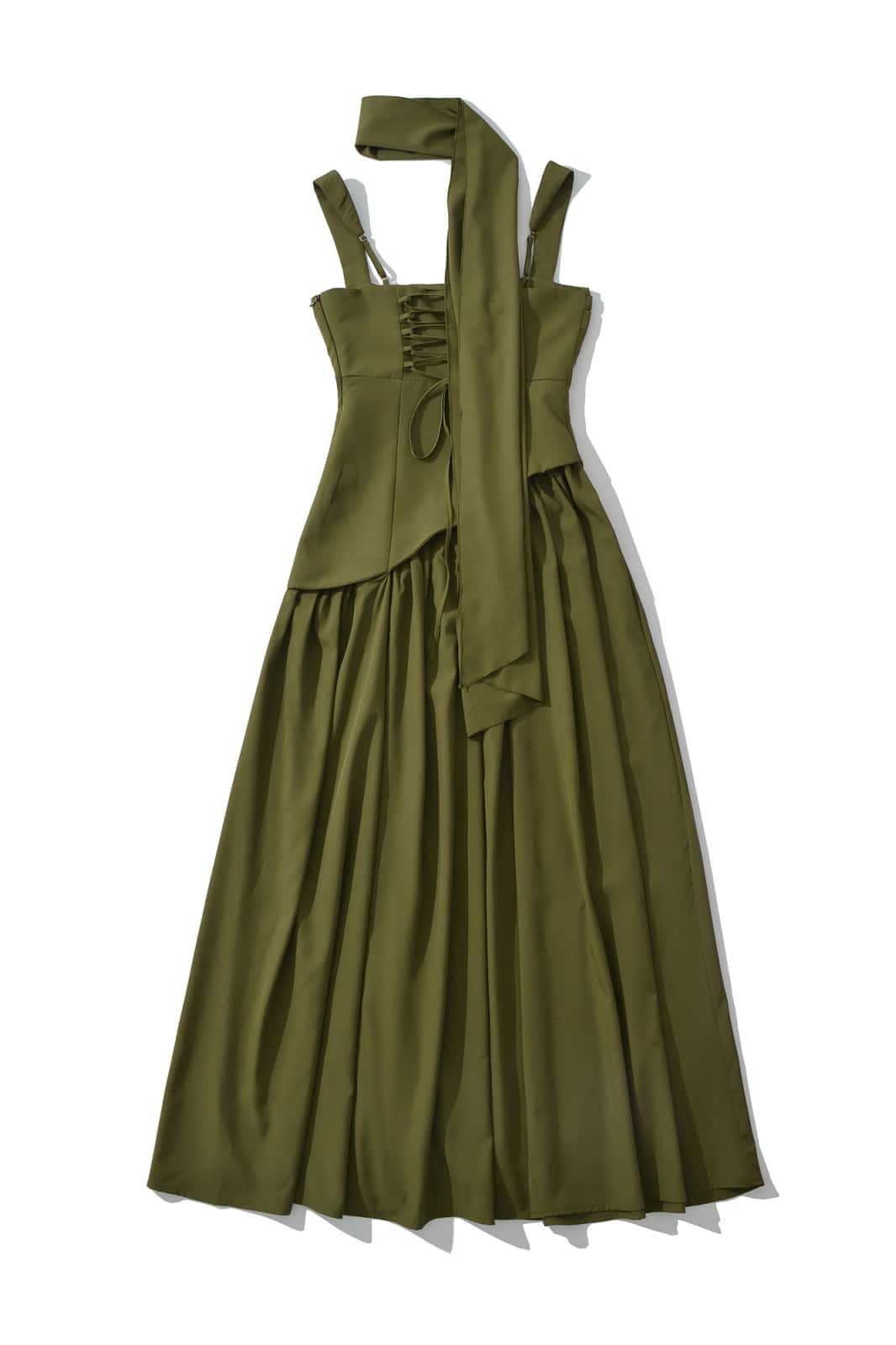 Green Ruched Waist Maxi Dress with Scarf