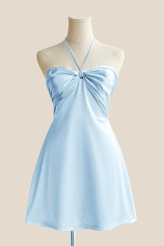 Halter Light Blue Back Tie A-line Short Dress