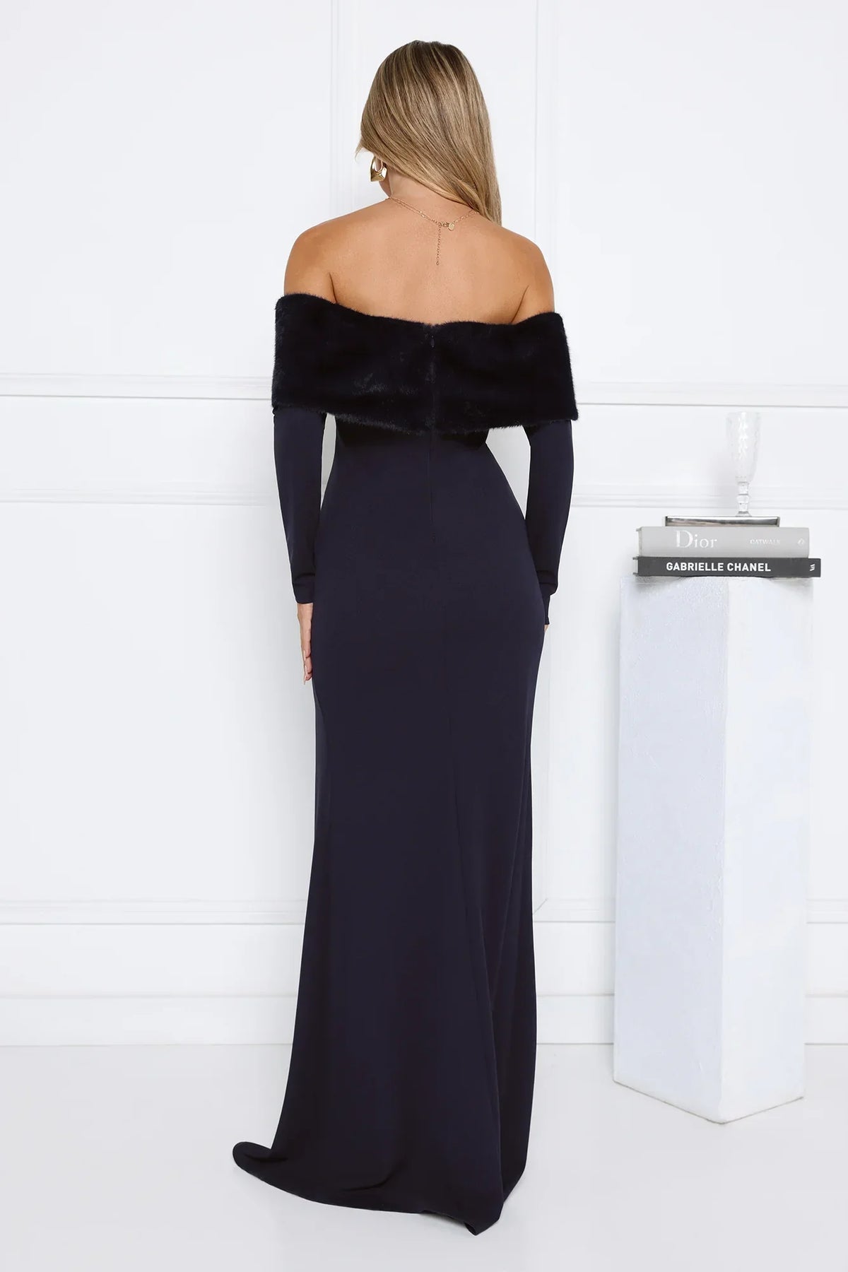 Glow In The Snow Faux Fur Off Shoulder Maxi Dress Navy