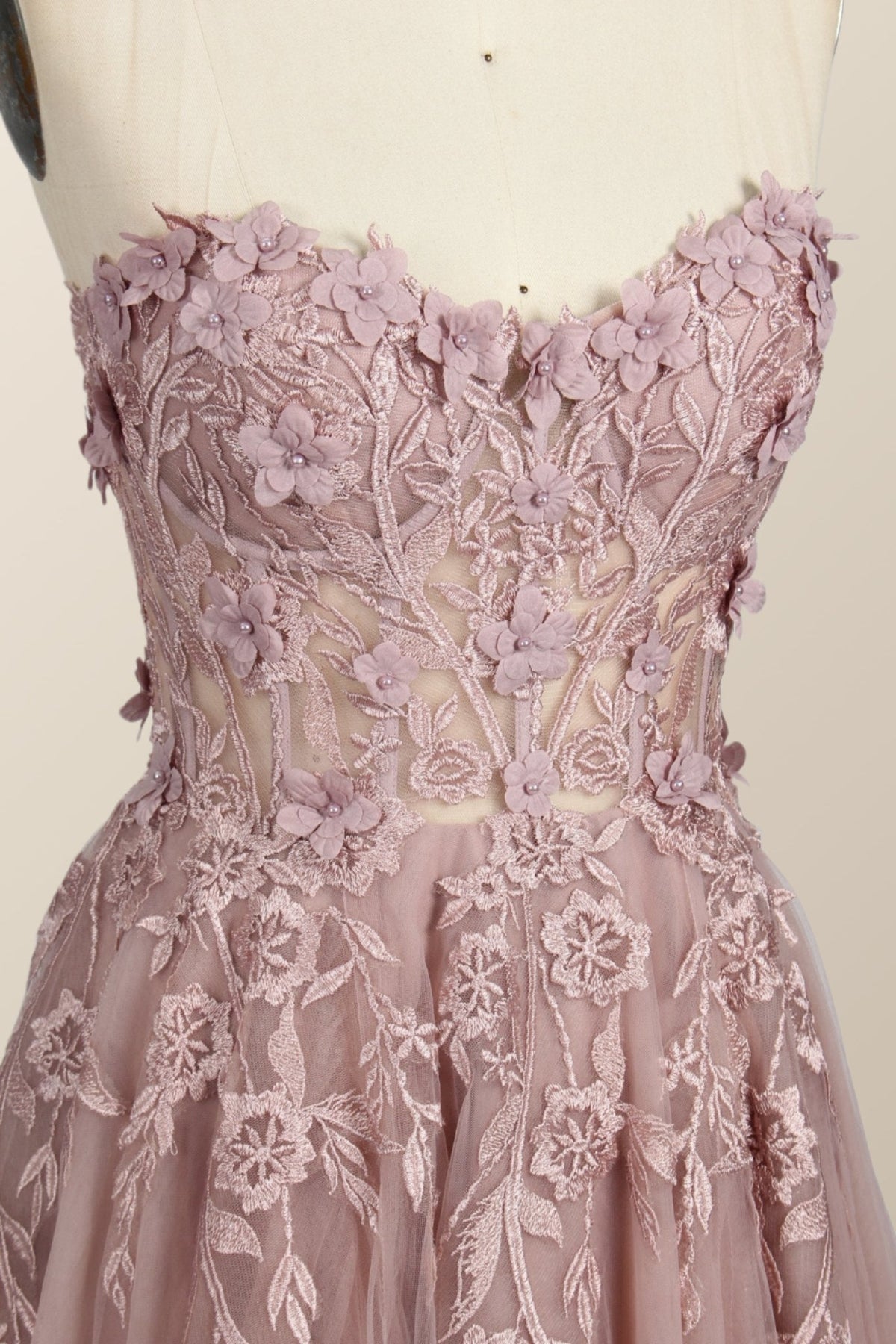 Green Floral Embroidery Strapless A-line Formal Dress