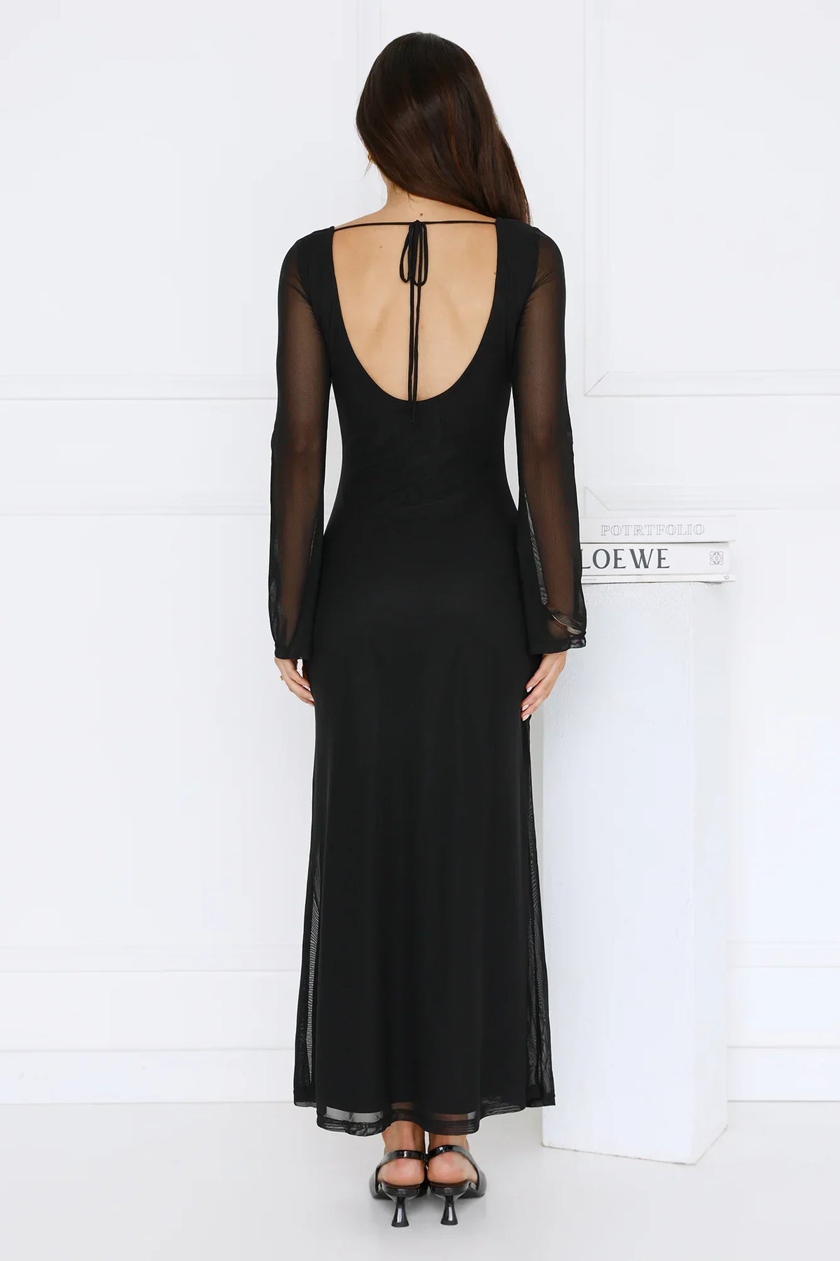 Golden Flower Mesh Long Sleeve Maxi Dress Black