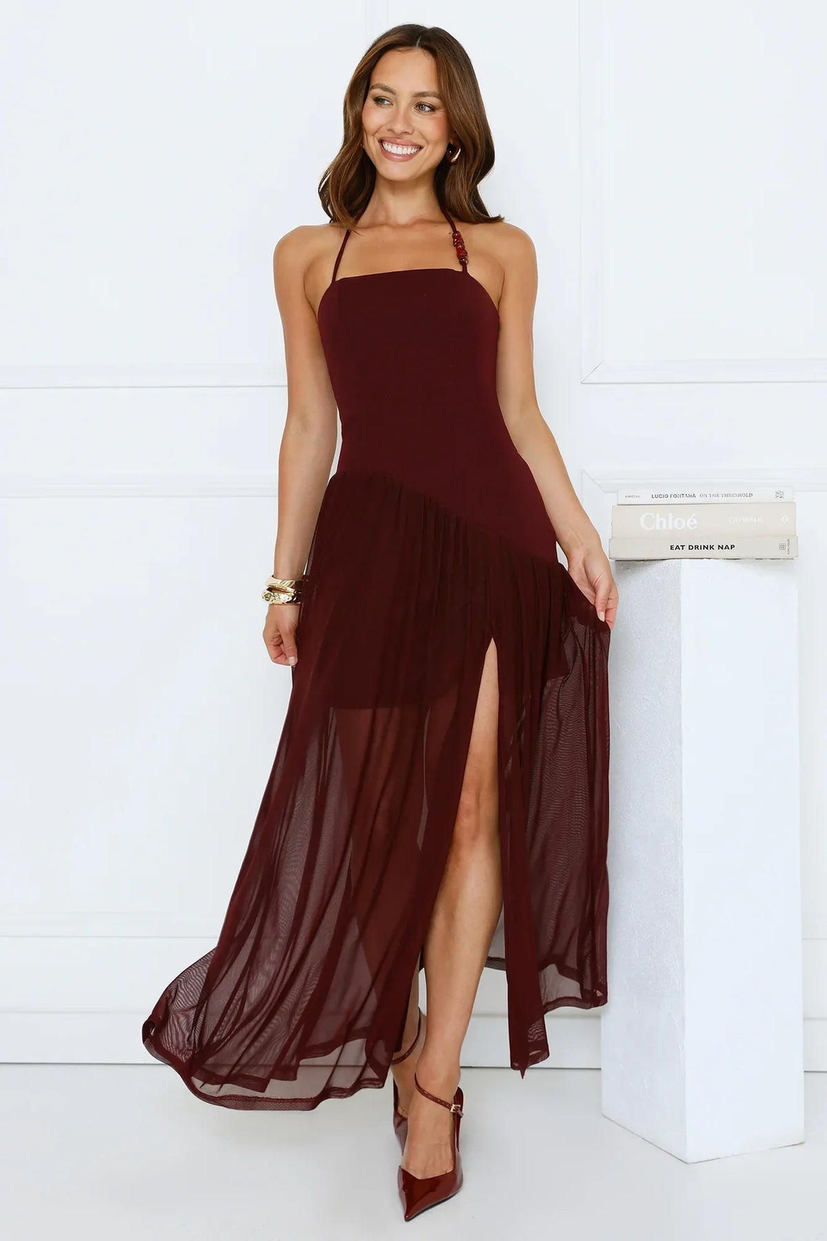 Champagne Evenings Halter Maxi Dress Burgundy