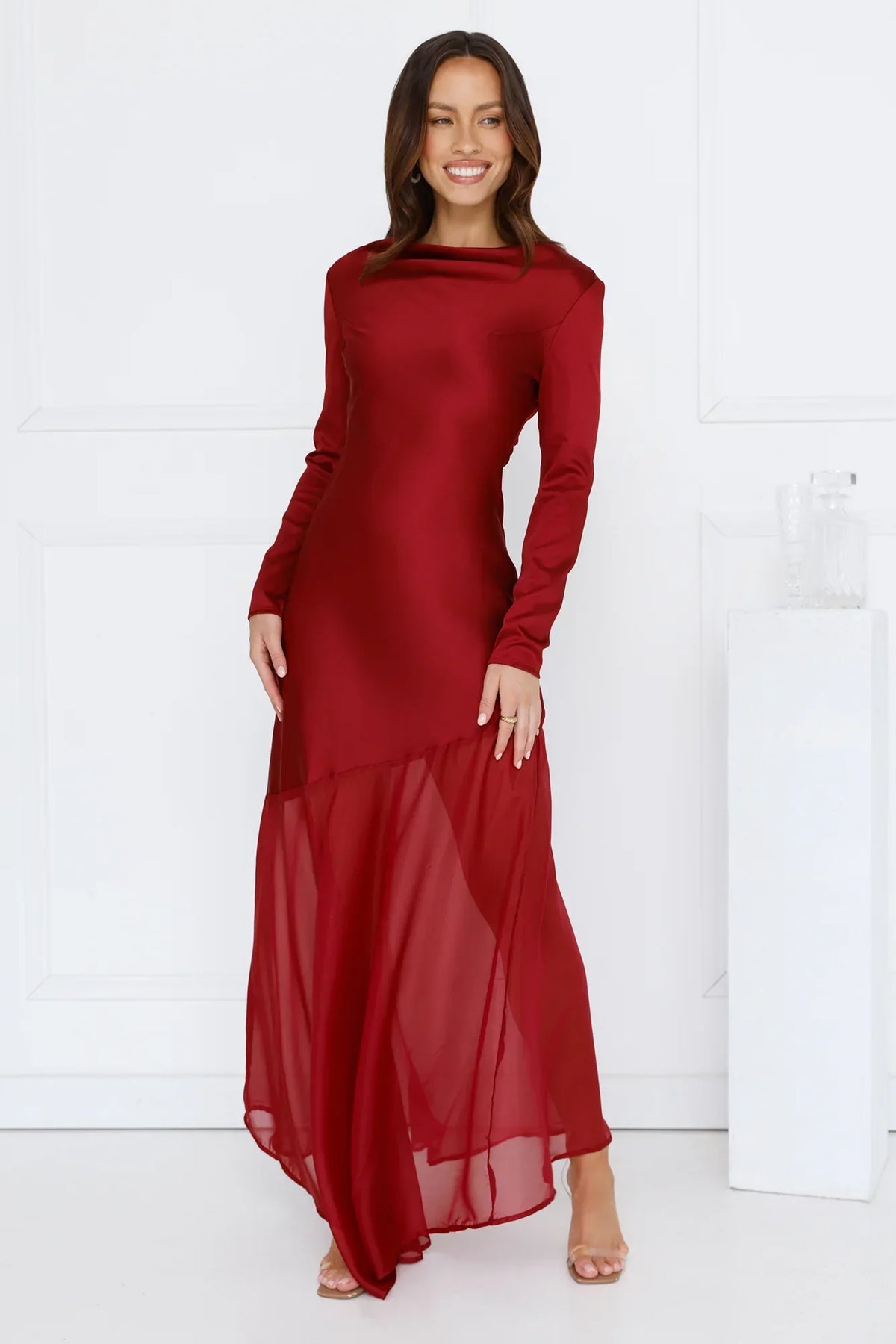 Exquisite Luxury Satin Long Sleeve Maxi Dress Burgundy