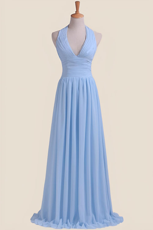 Halter Light Blue Chiffon A-line Long Bridesmaid Dress