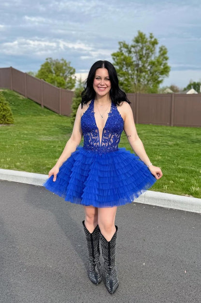 Halter Green Ruffle Short Dress with Appliques